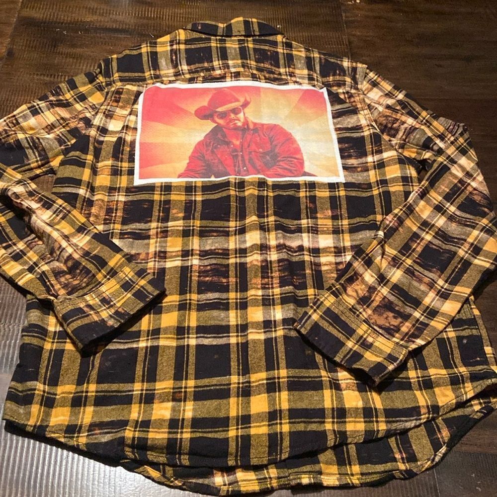 RIP Yellowstone yellow and black plaid shirt bleached XLT
